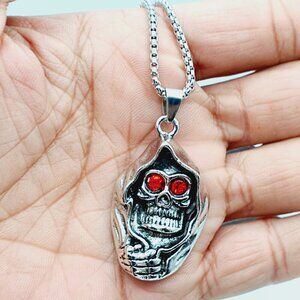 🎁☠GHOST HEAD 👀🔴RED EYE RUBY SKULL SILVER COLOR PUNK NECKLACE GIFT, N90201P110